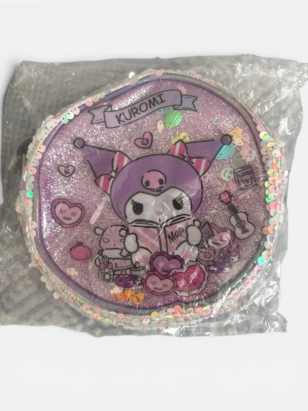 Kuromi Glitter Sequin Round Crossbody Bag — Purple Pink